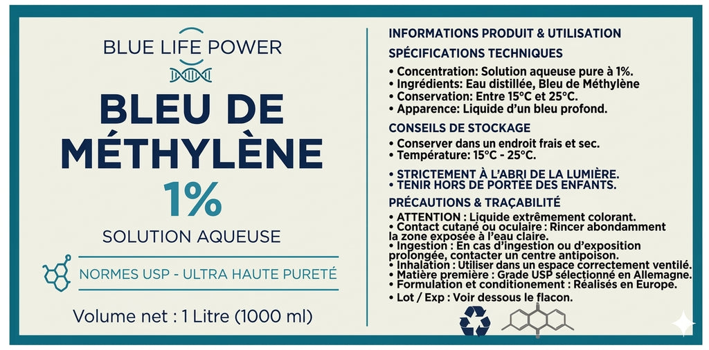 Bleu de Méthylène 1% (1 Litre) — Format Éco & Recharge Qualité USP — Blue Life Power