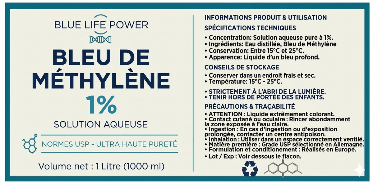 Bleu de Méthylène 1% (1 Litre) — Format Éco & Recharge Qualité USP — Blue Life Power