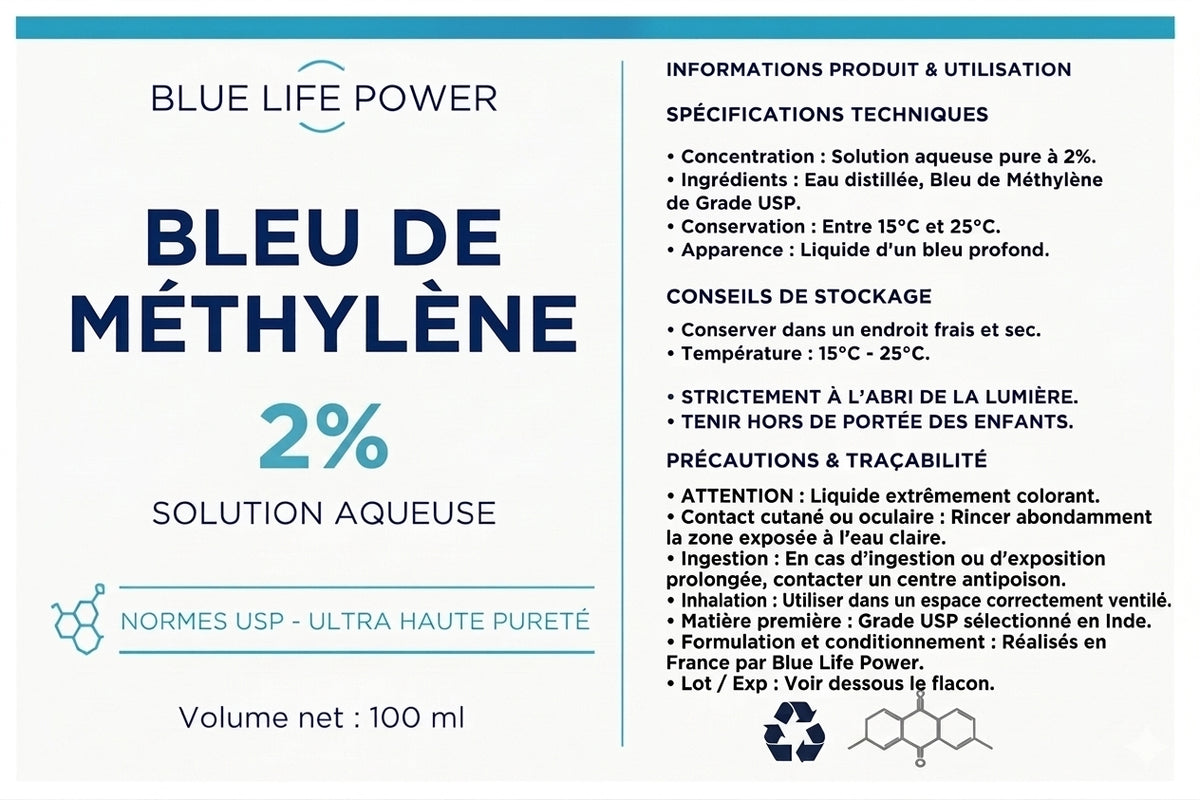 Bleu de Méthylène 2% (100 ml) — Solution Concentrée Qualité USP — Blue Life Power
