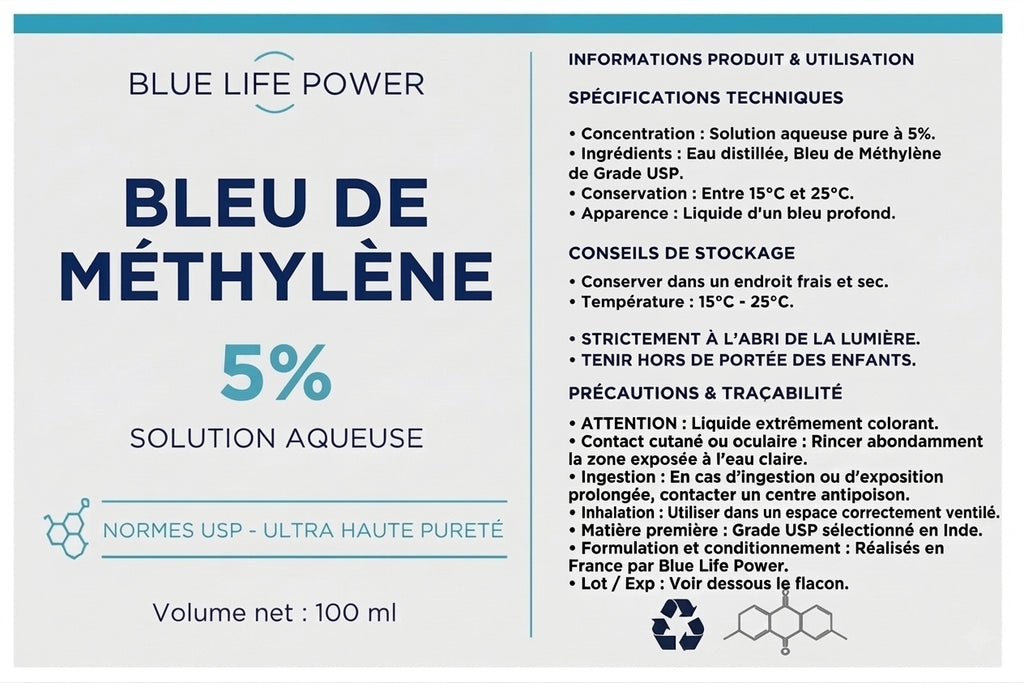 Bleu de Méthylène 5% (100 ml) — Solution Haute Concentration Qualité USP — Blue Life Power