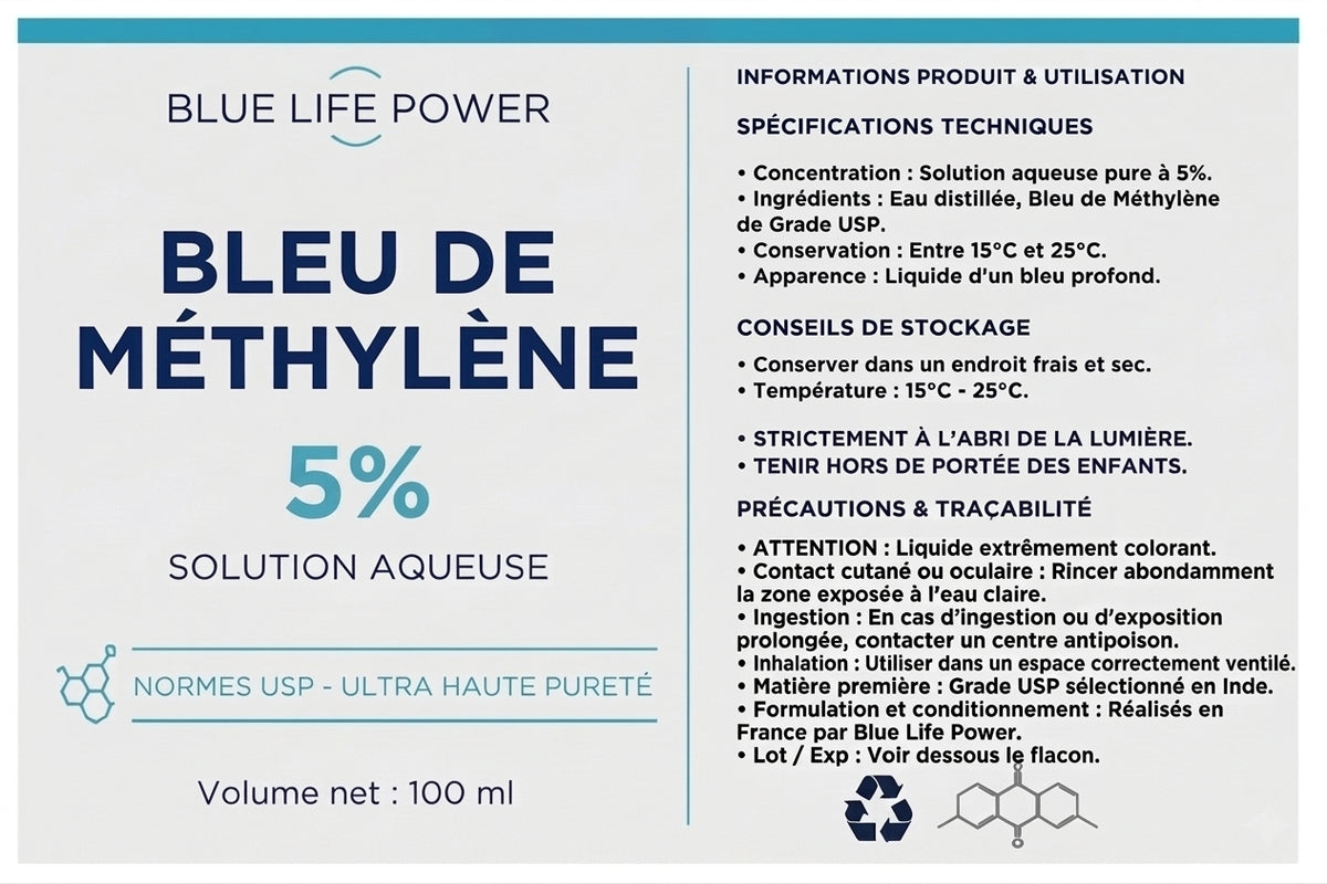 Bleu de Méthylène 5% (100 ml) — Solution Haute Concentration Qualité USP — Blue Life Power