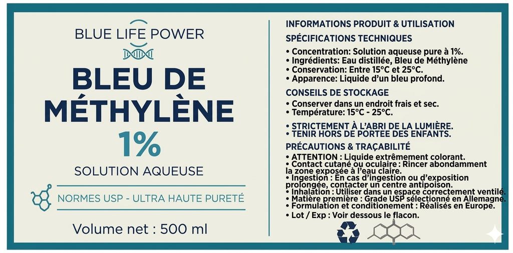 Bleu de Méthylène 1% (500 ml) — Format Intermédiaire & Recharge Qualité USP — Blue Life Power